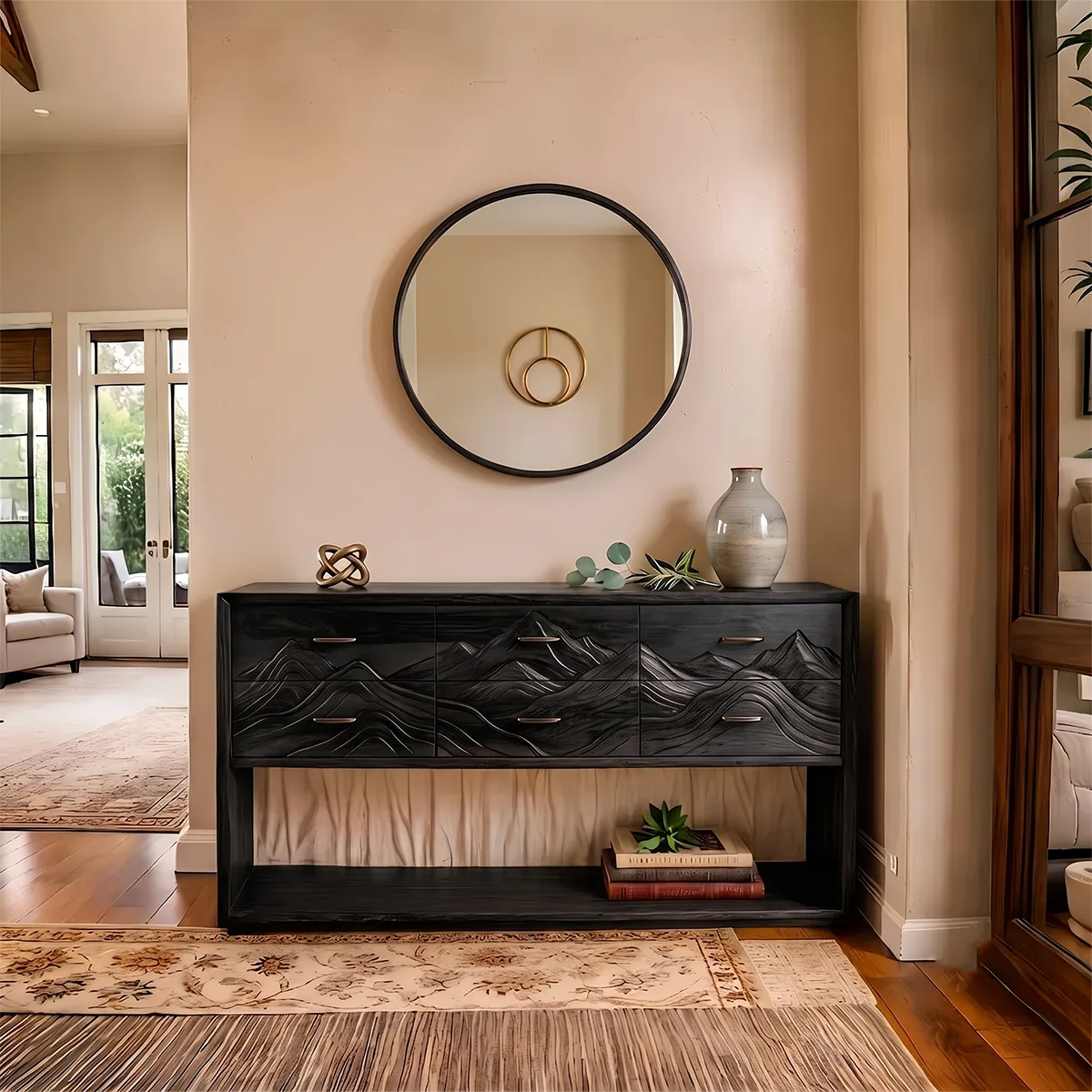 Modern Mountain Carved 6 Drawer Console Table with Open Shelf – Artistic Entryway Storage Cabinet TH003-2149