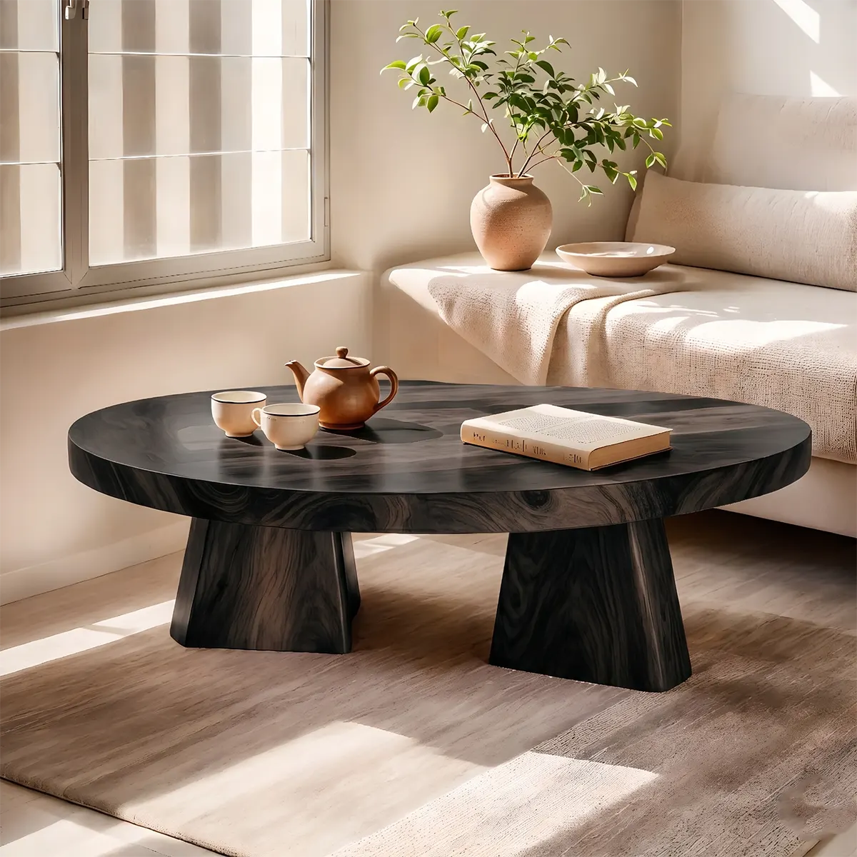 Round Solid Wood Coffee Table | Modern Hardwood Cocktail Table with Sculptural Pedestal Base TT006-5916