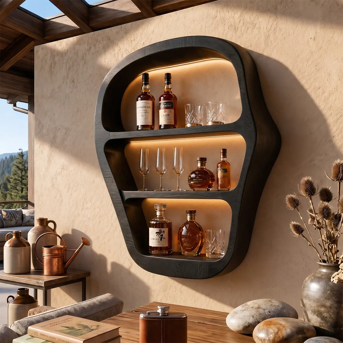 Sculptural Solid Wood Wall Wine Holder for Home Bars, Dining Rooms & Whiskey Lovers TT006-3455
