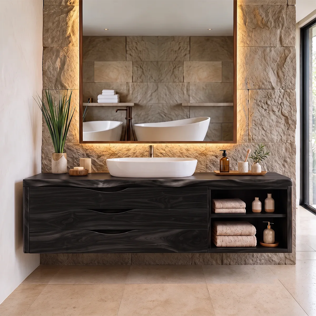 Modern Floating Bathroom Vanity | 3-Drawer Wall Mounted Vanity with Open Storage TH003-5BPE5QT