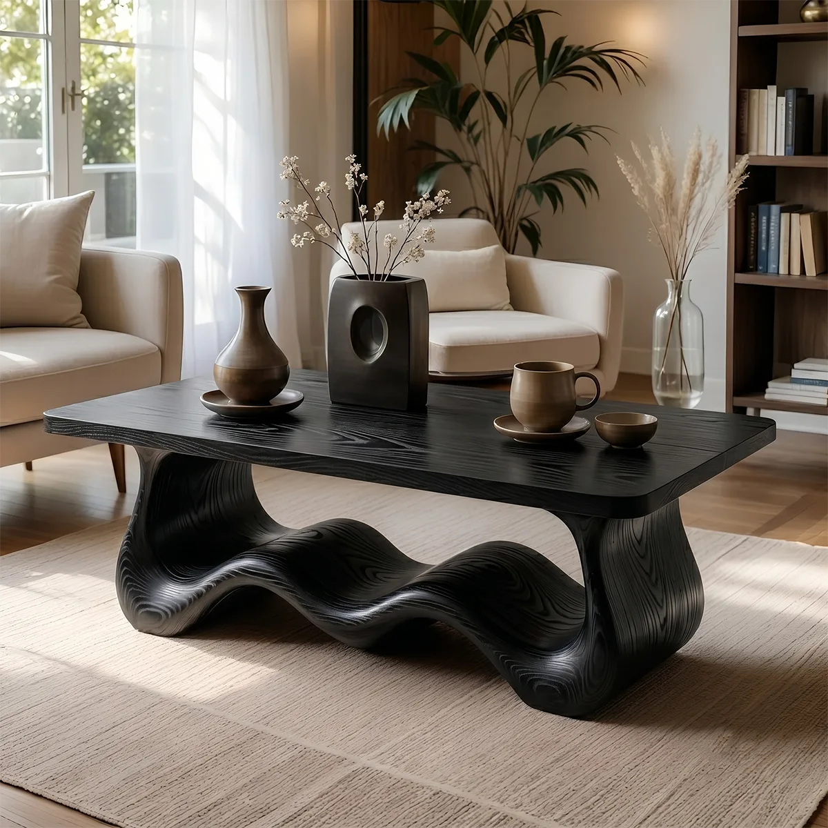 Handcrafted Solid Wood Coffee Table with Sculptural Wave Base TT006-8536