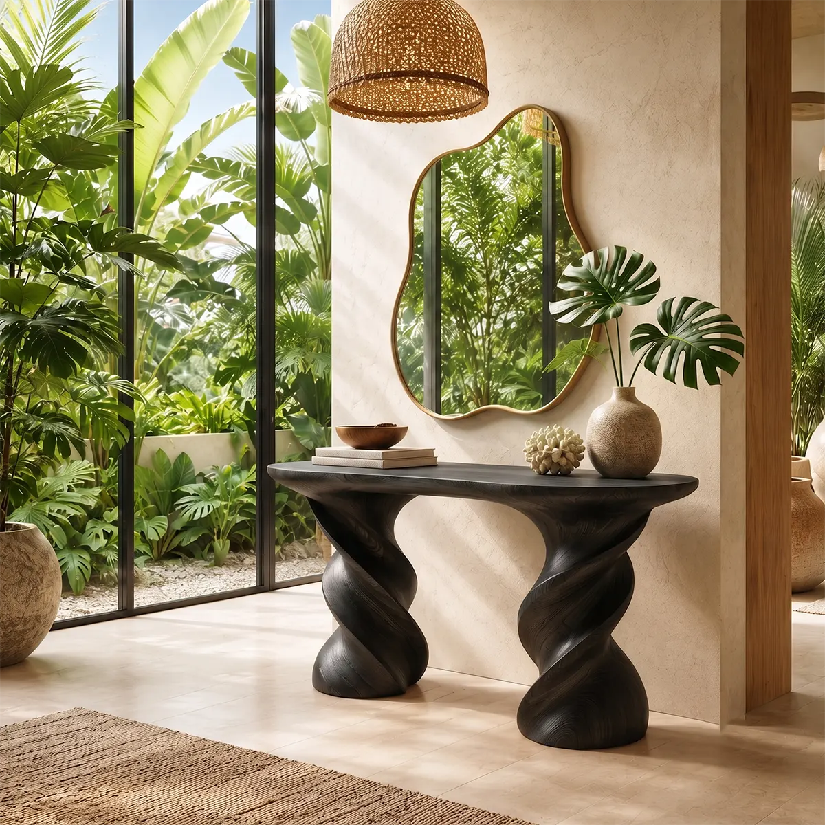 Modern Twisted Pedestal Console Table | Sculptural Solid Wood Entryway Hallway Accent Table TT006-8565