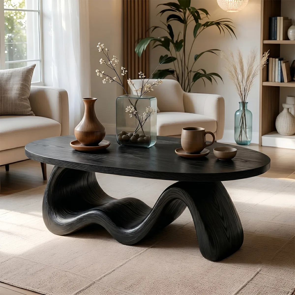 Handcrafted Solid Wood Oval Coffee Table with Sculptural Wave Base TT006-2220