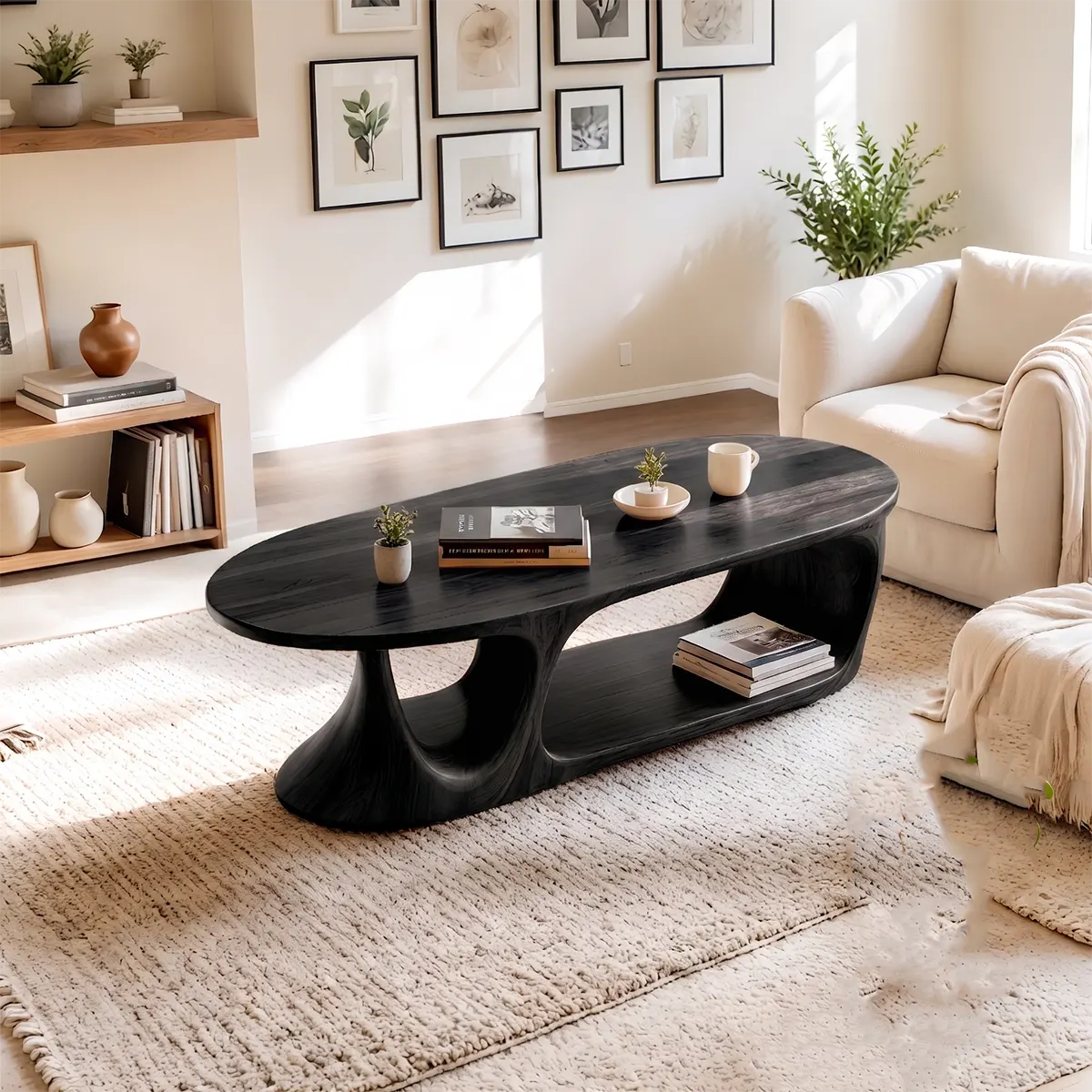 Oval Coffee Table with Storage Shelf | Handcrafted Solid Wood Coffee Table TT006-8470