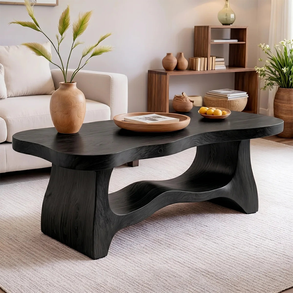 Handcrafted Solid Wood Coffee Table with Sculptural Open Shelf