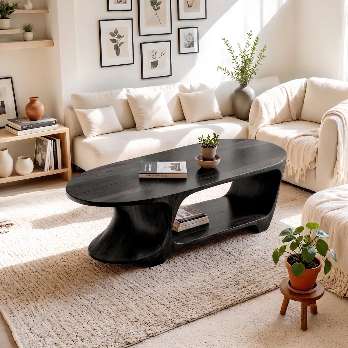 Oval Coffee Table with Storage Shelf | Handcrafted Solid Wood Center Table TT006-2530