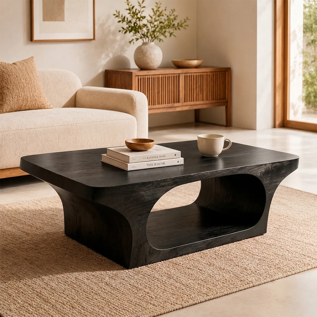 Modern Solid Wood Coffee Table with Sculptural Open Base TT006-6649
