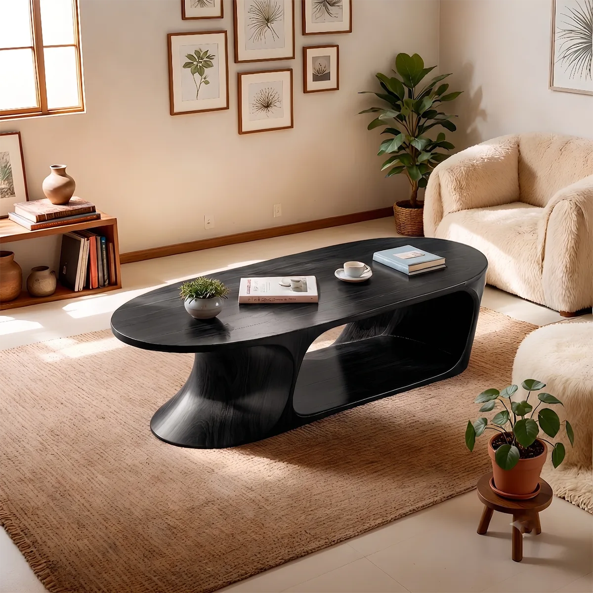 Oval Solid Wood Coffee Table with Storage Shelf | Modern Sculptural Center Table TT006-9490