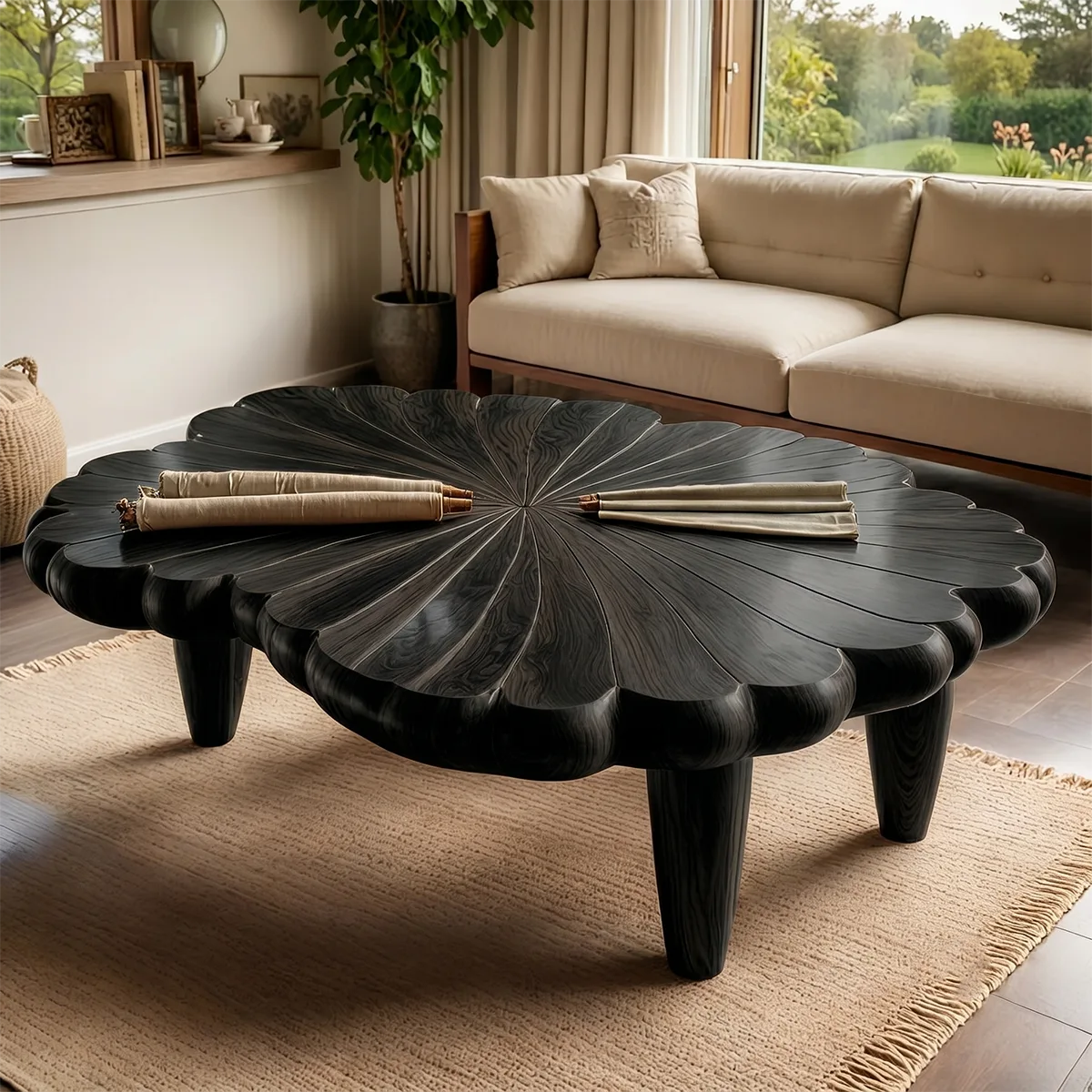 Handcrafted Solid Wood Flower Coffee Table with Carved Petal Top TT006-4707