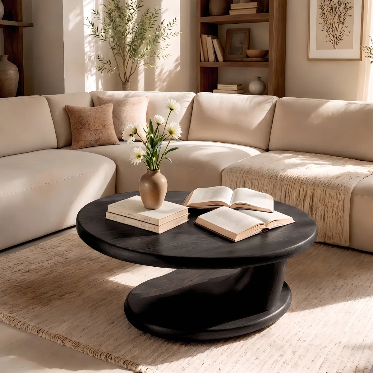 Round Solid Wood Coffee Table with Open Shelf | Modern Sculptural Living Room Table TT006-1486