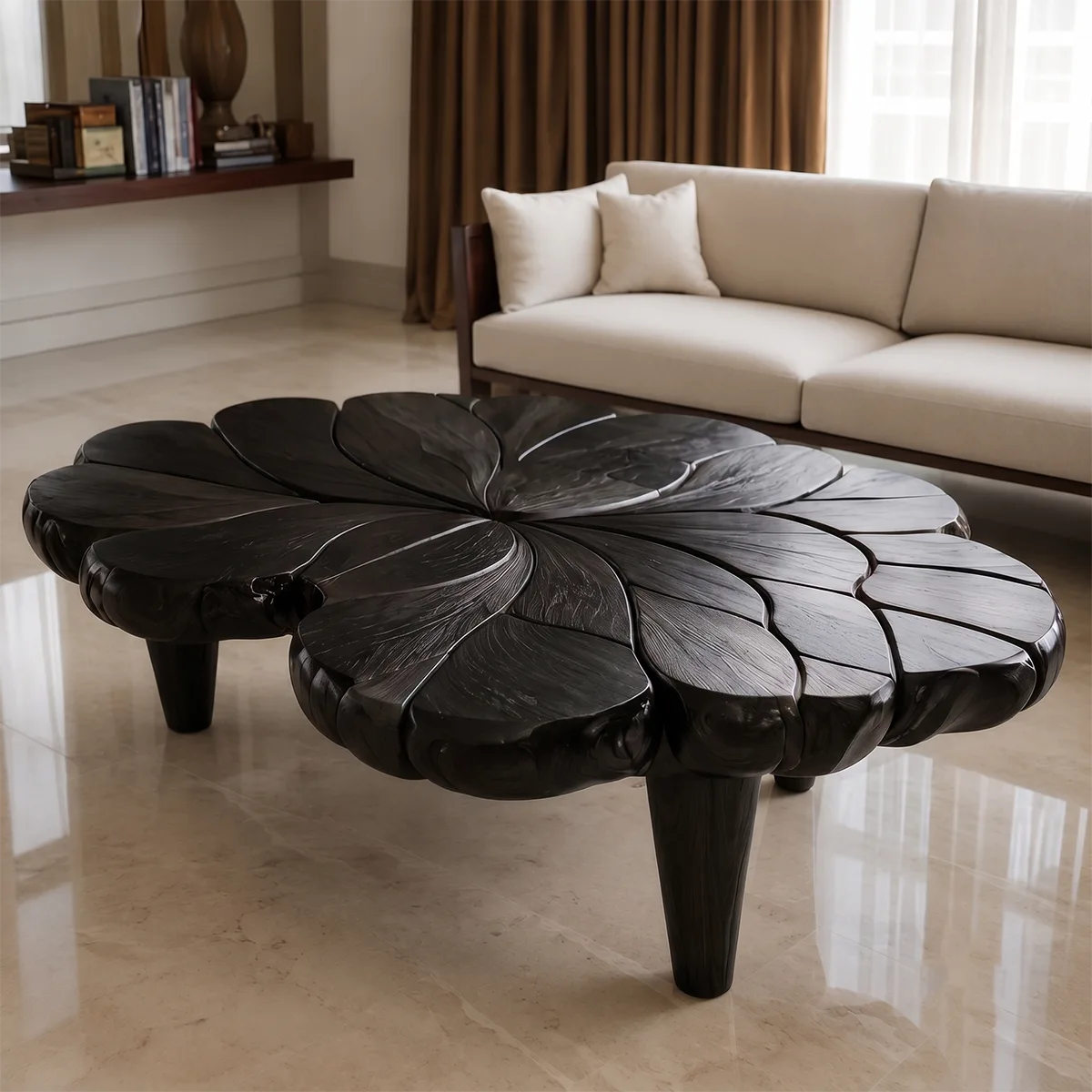 Handcrafted Solid Wood Flower Coffee Table with Sculpted Petal Top TT006-6613