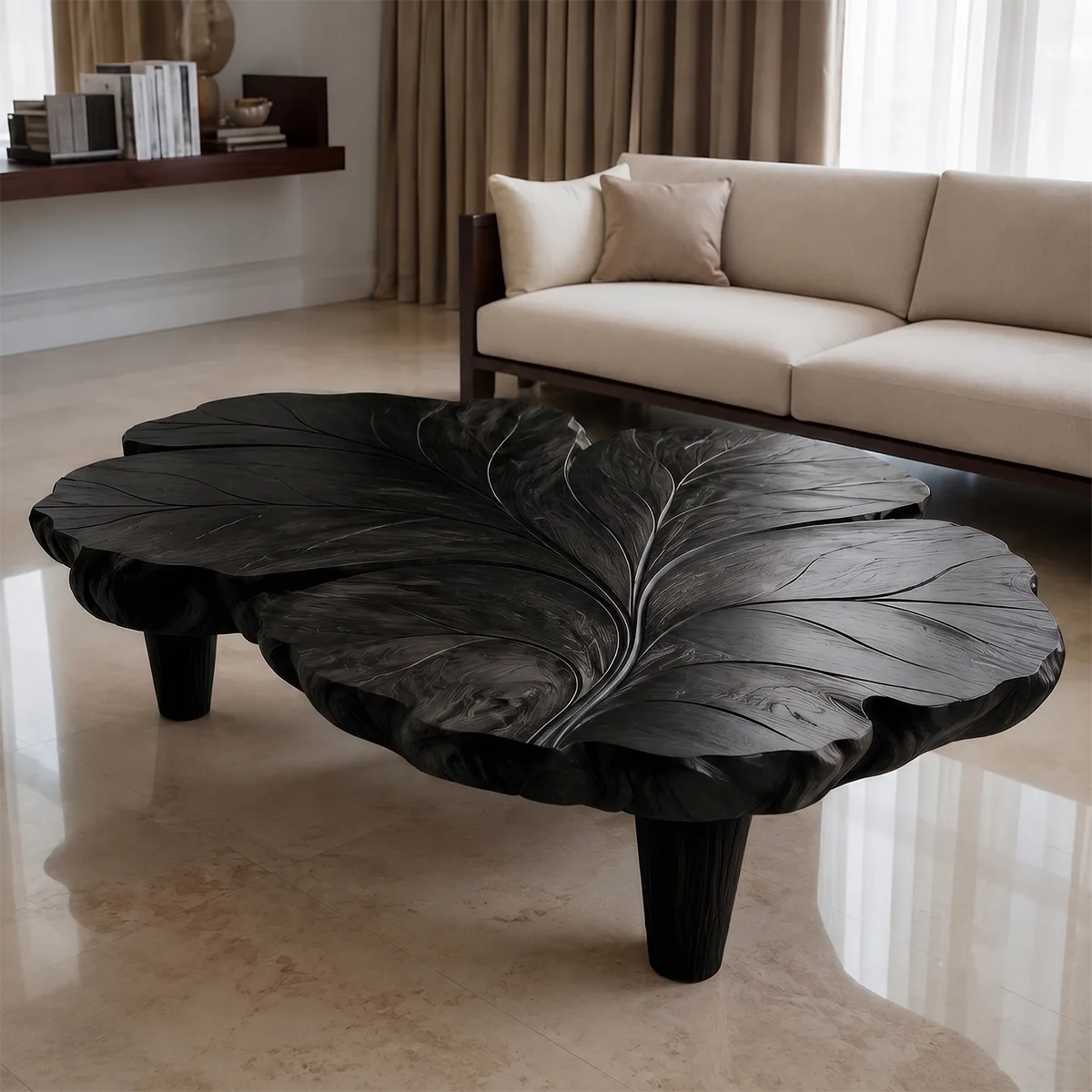 Handcrafted Solid Wood Coffee Table with Sculpted Leaf Top TT006-9389