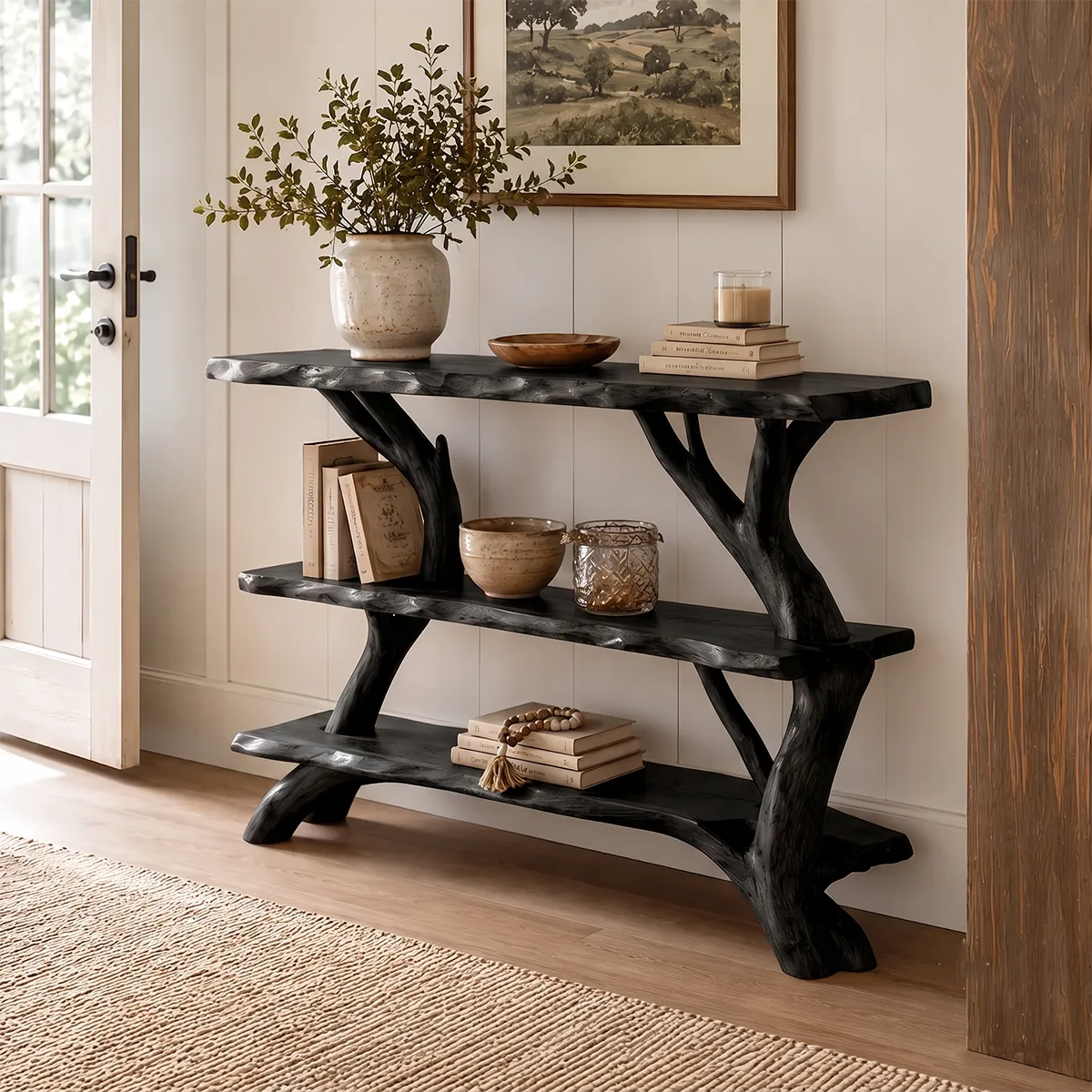 Rustic Live Edge Console Table with Storage Shelves | Solid Wood Entryway Display Console TT006-8325