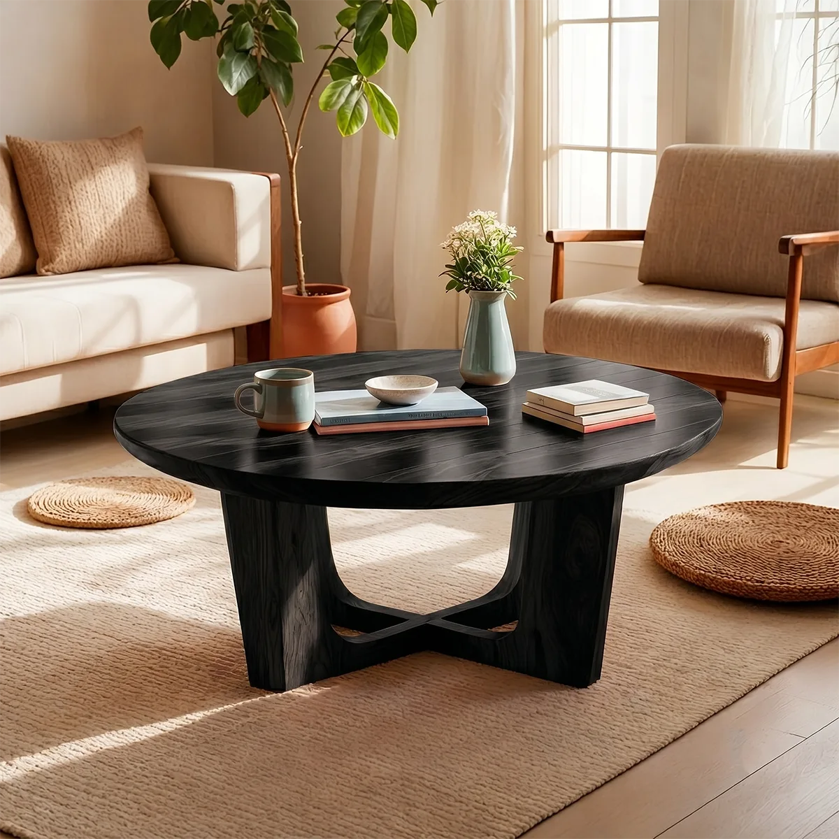 Round Solid Wood Coffee Table – Handcrafted Rustic Modern Living Room Table