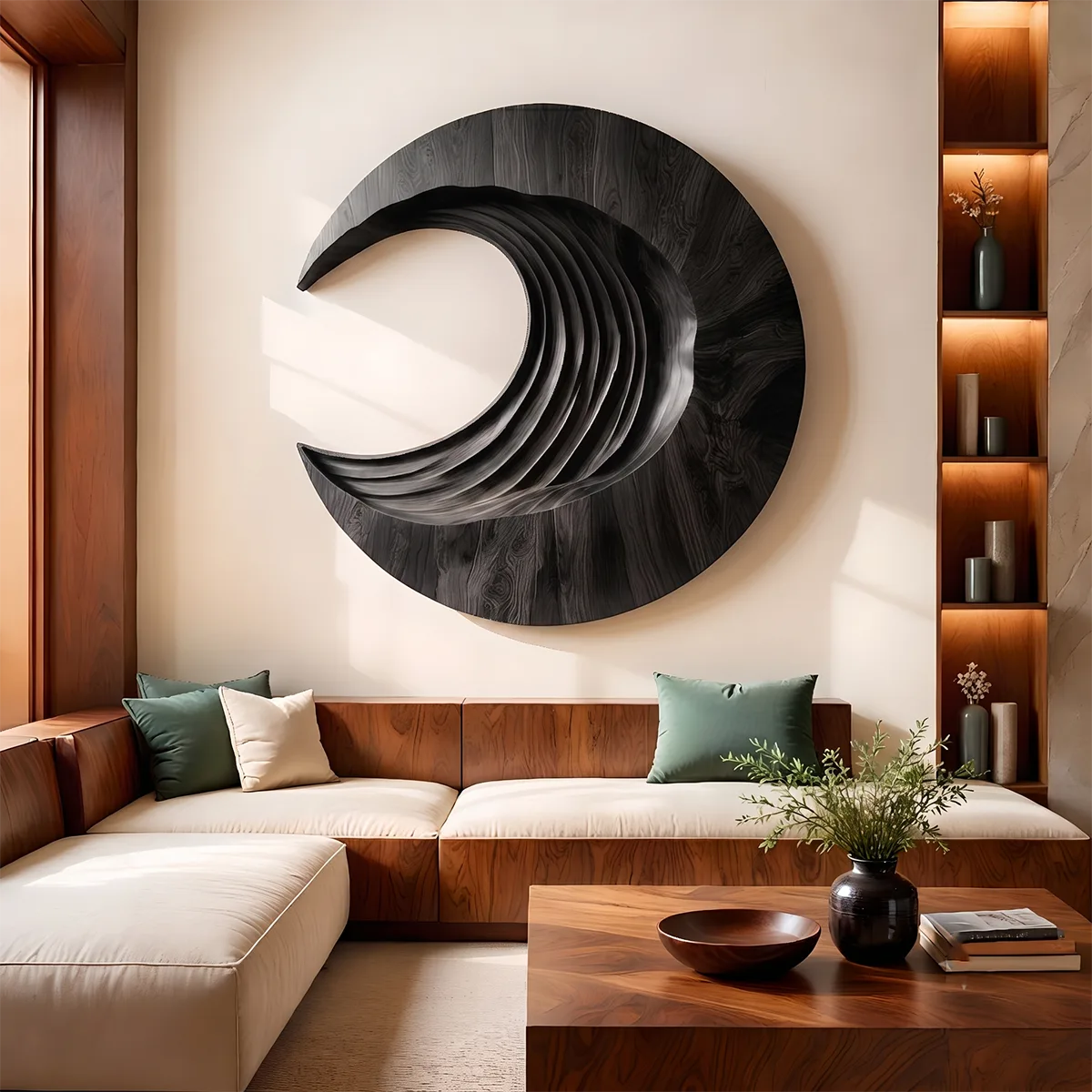 Abstract Crescent Wave Wood Wall Art | Large Round Wooden Wall Sculpture TT006-9169