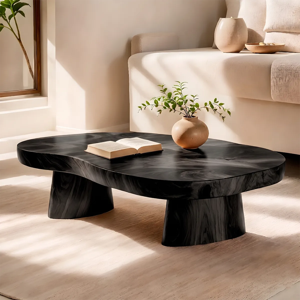 Organic Solid Wood Coffee Table | Sculptural Hardwood Cocktail Table with Dual Pedestal Base TT006-4930
