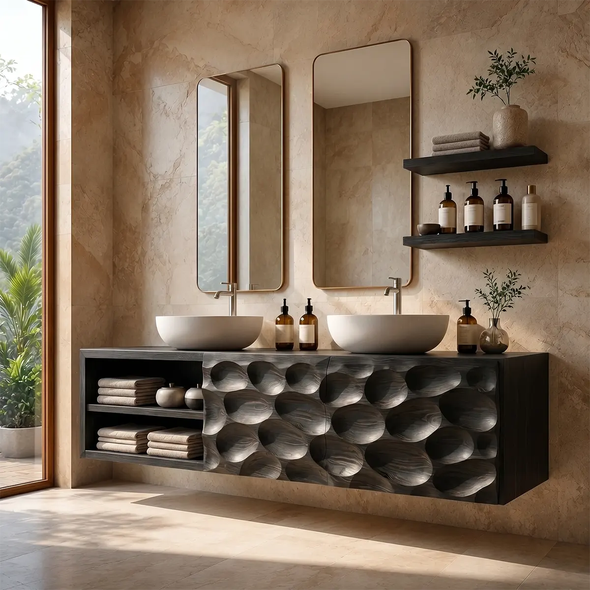 Pebble Carved Floating Double Sink Bathroom Vanity TT006-9978
