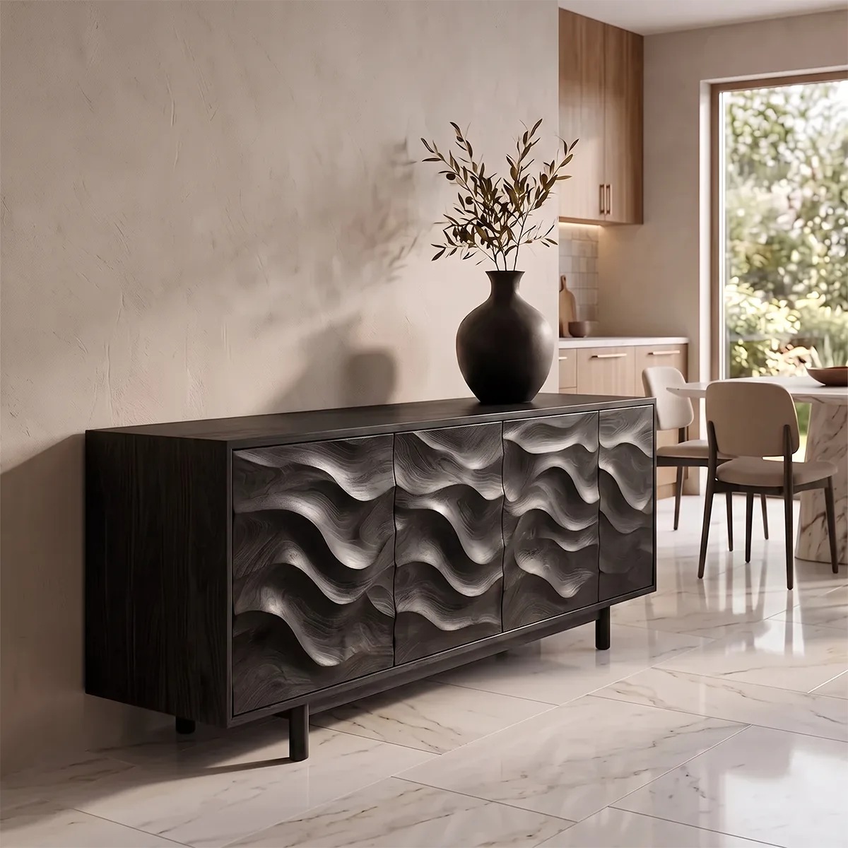 Wave Carved Solid Wood Sideboard | Modern Hardwood Buffet Cabinet for Dining & Living Room TH003-6641