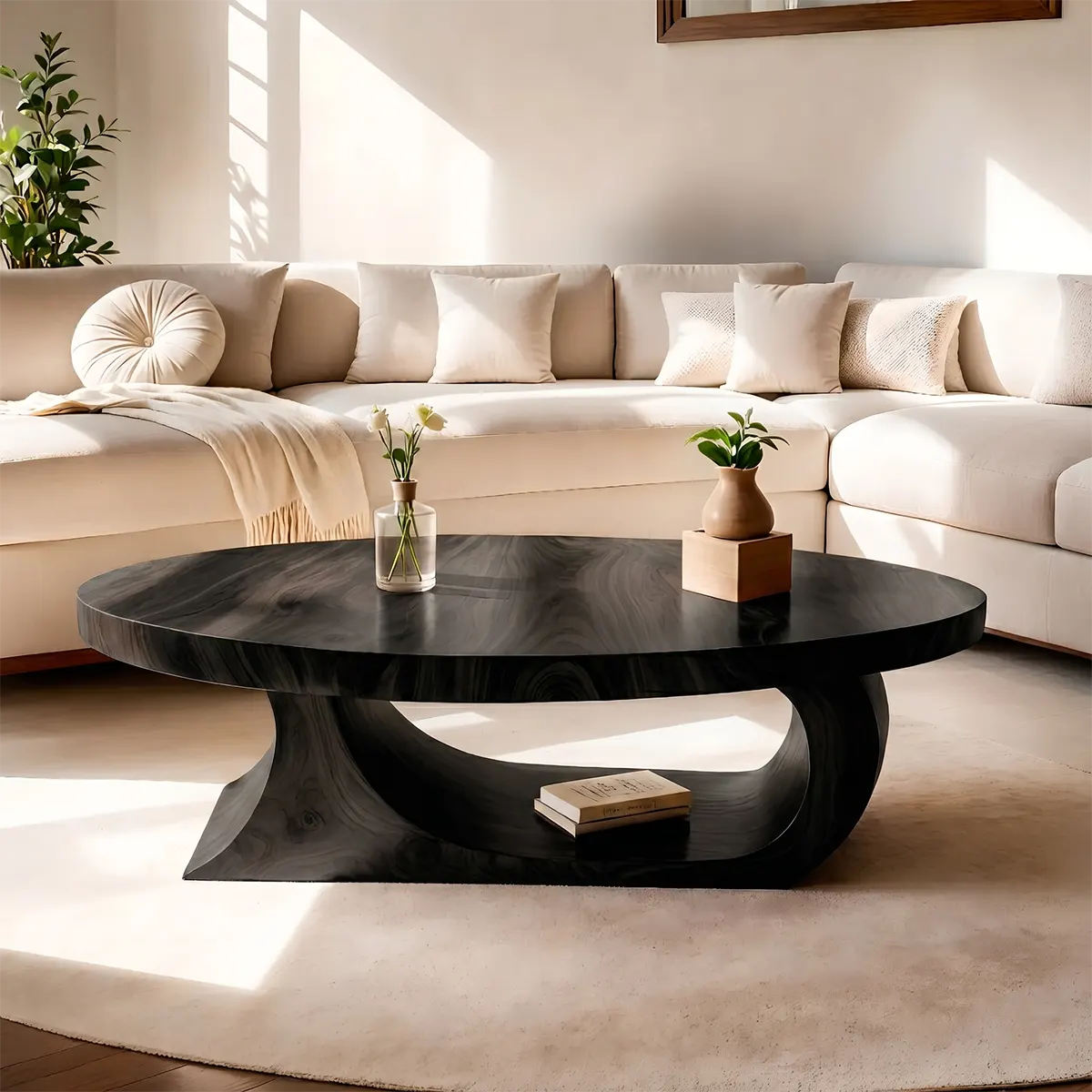 Oval Coffee Table, Organic Modern Wood Coffee Table, Sculptural Loop Base Center Table TT006-5586