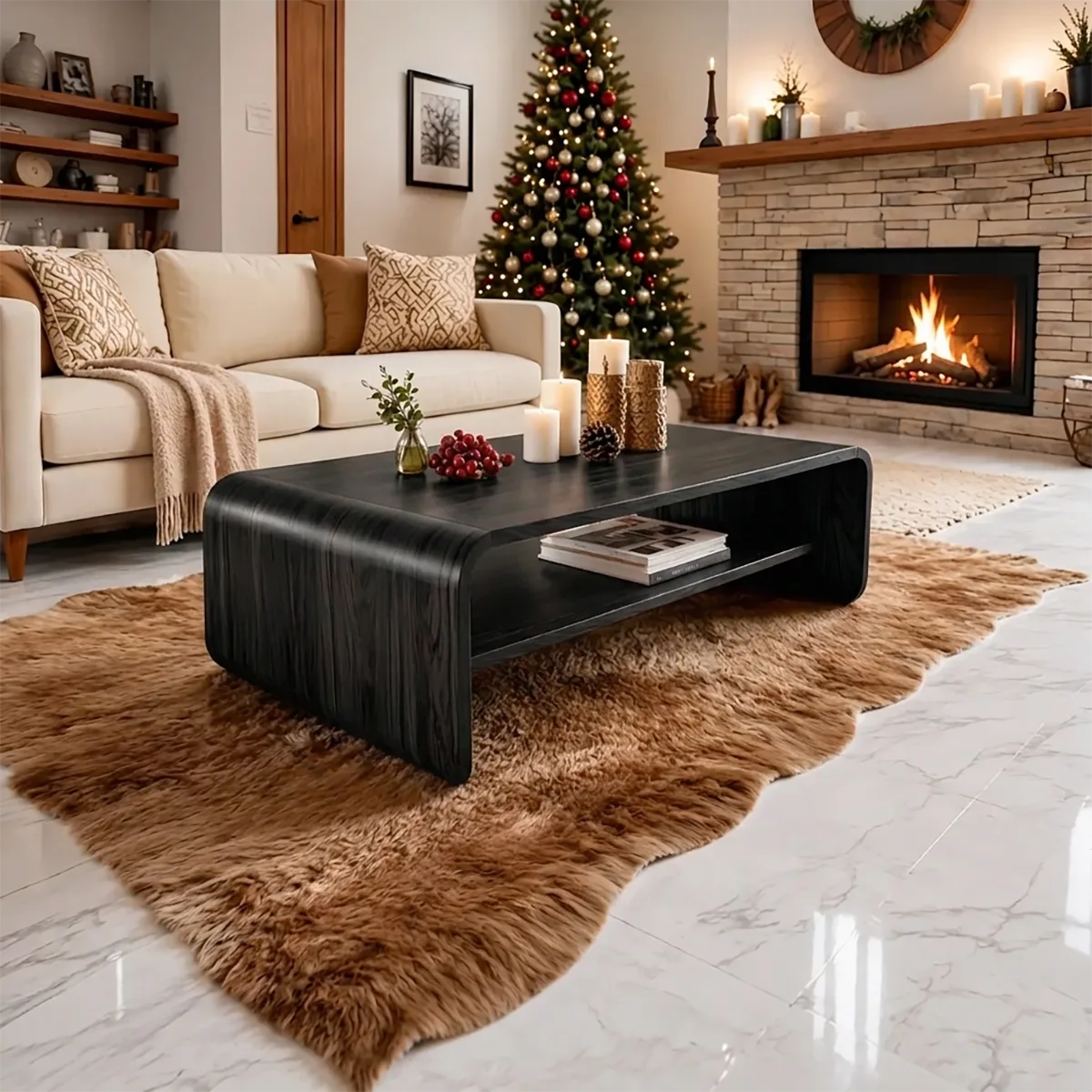 Modern Solid Wood Waterfall Coffee Table with Storage Shelf
