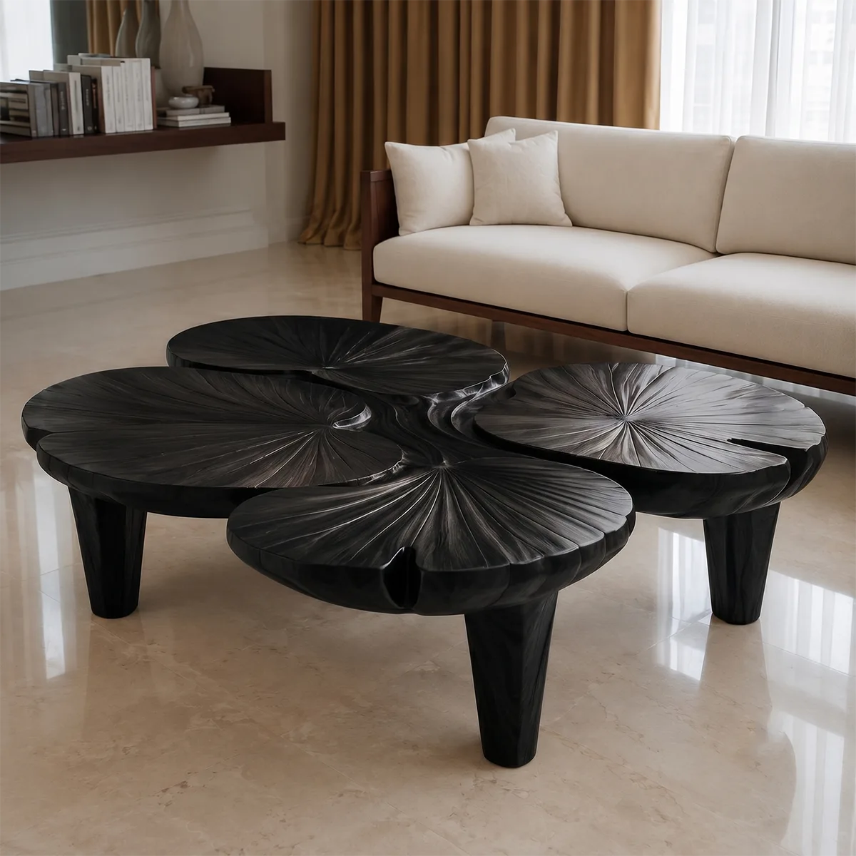 Handcrafted Solid Wood Coffee Table with Sculpted Lotus Leaf Top TT006-3336