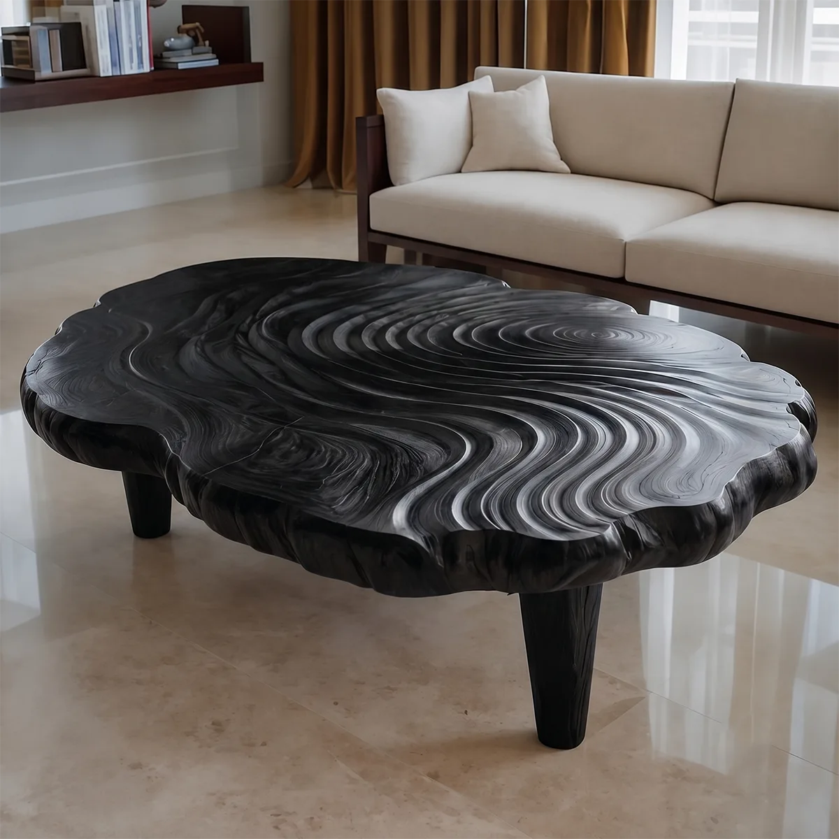 Handcrafted Solid Wood Coffee Table with Carved Ripple Top TT006-2452