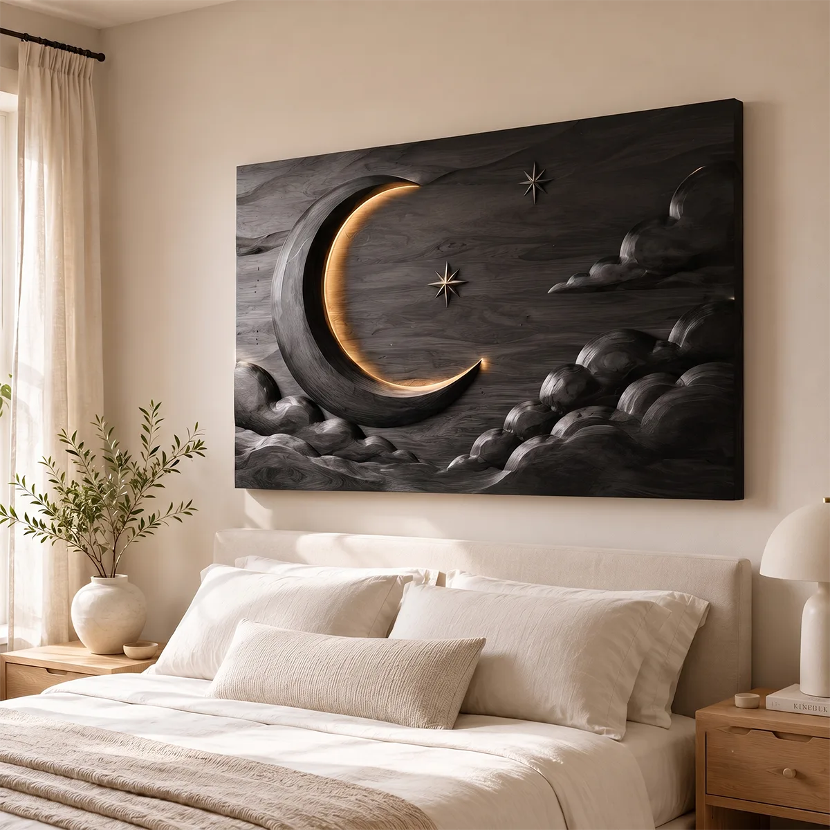 Celestial Moon Wood Wall Art | Crescent Moon & Clouds Wooden Wall Decor for Living Room, Bedroom & Nursery TT006-2082