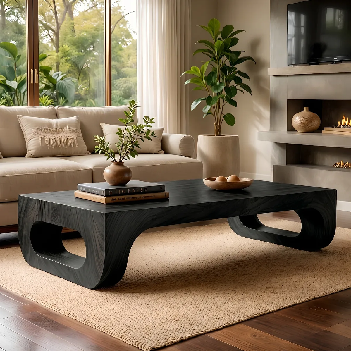 Modern Solid Wood Coffee Table with Sculptural Waterfall Legs TT006-3447