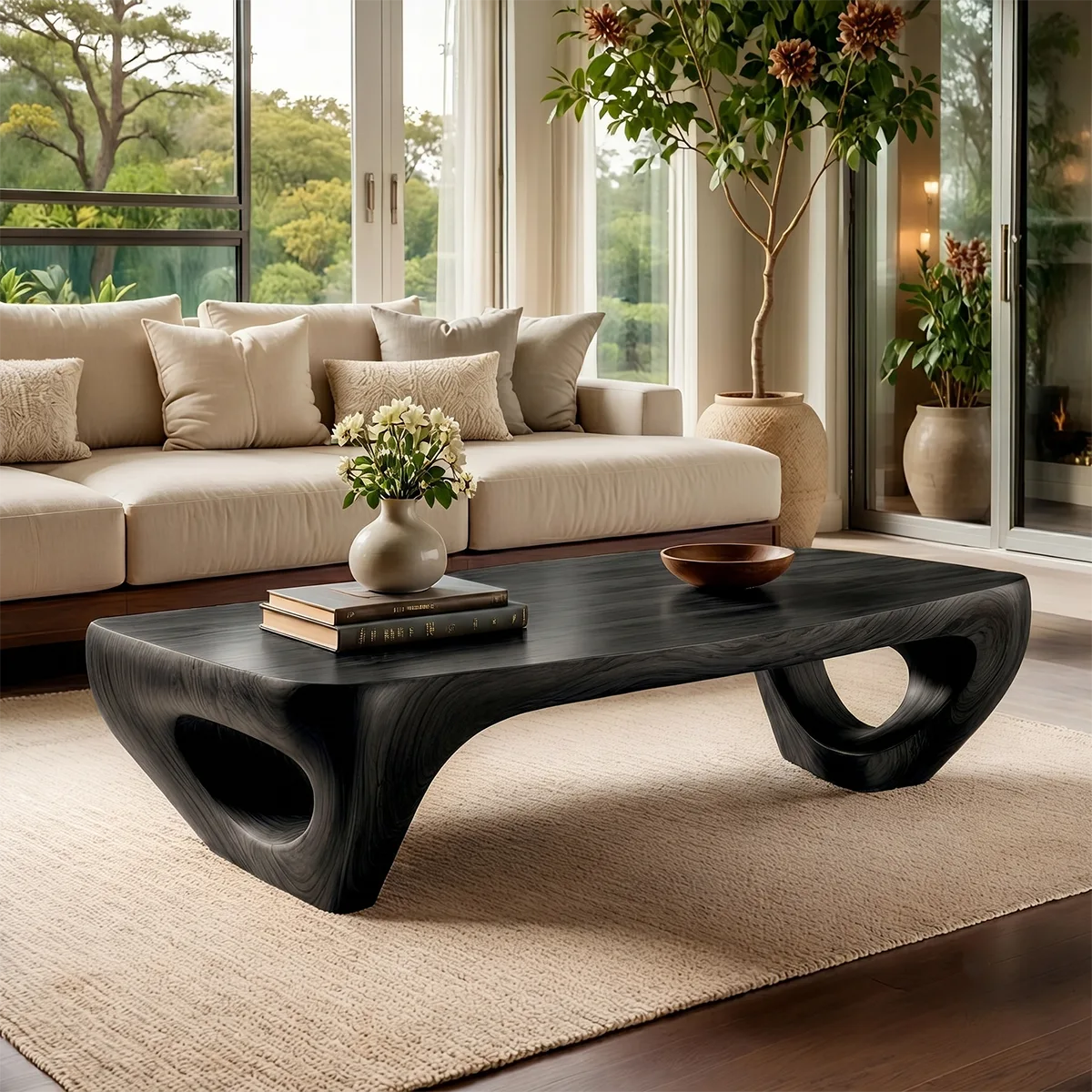 Handcrafted Solid Wood Coffee Table with Sculptural Ring Legs TT006-3444