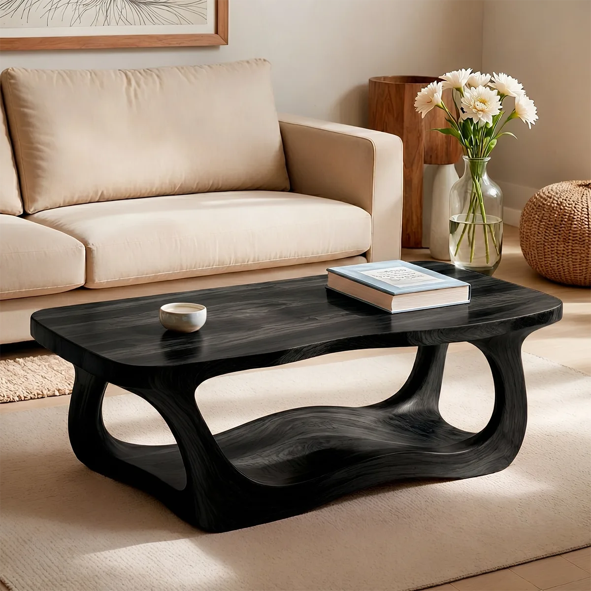 Handcrafted Solid Wood Coffee Table with Sculptural Wave Shelf TT006-8083