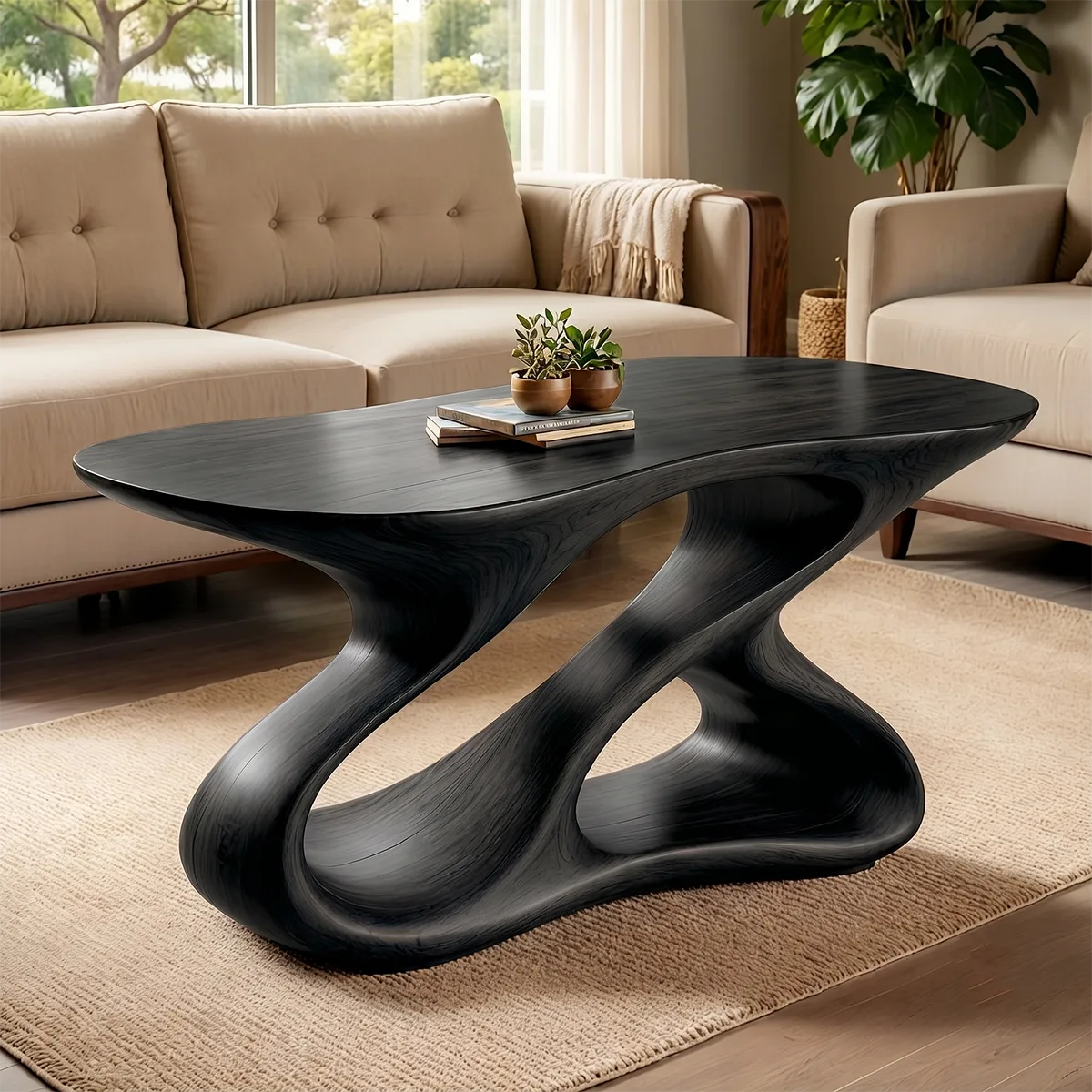 Sculptural Solid Wood Coffee Table with Organic Loop Base TT006-5526