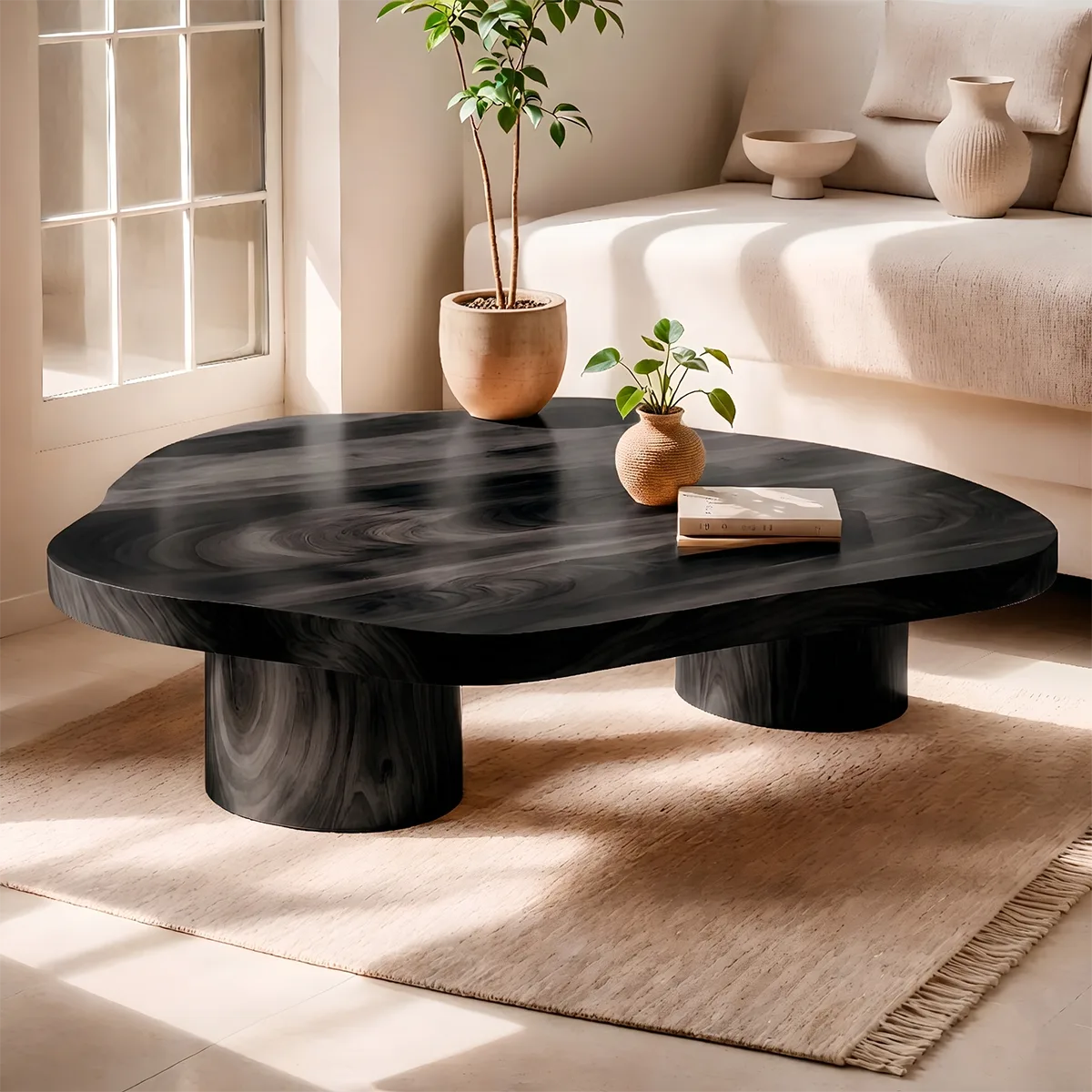 Organic Solid Wood Coffee Table | Freeform Hardwood Coffee Table with Dual Pedestal Base TT006-4716