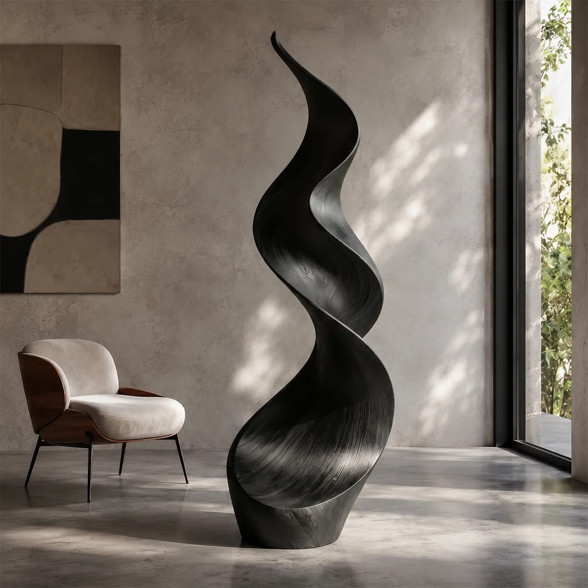Handcrafted Solid Wood Flame Sculpture – Modern Organic Floor Art for Living Room TT006-7224