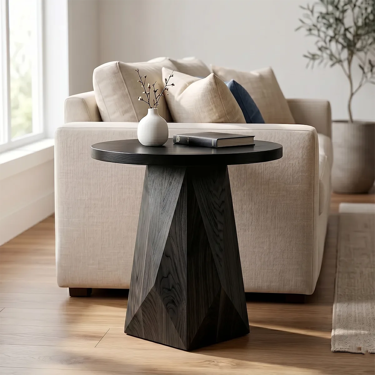Round Solid Wood End Table | Handcrafted Pedestal Side Table with Black Top for Living Room & Bedroom TH003-3811