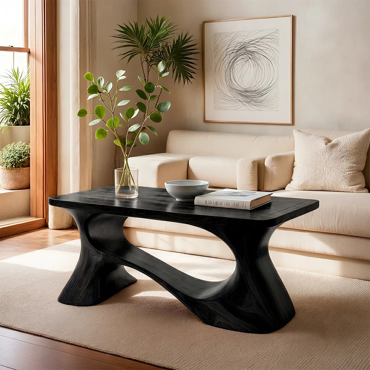 Handcrafted Solid Wood Coffee Table with Sculptural Curved Base TT006-4462