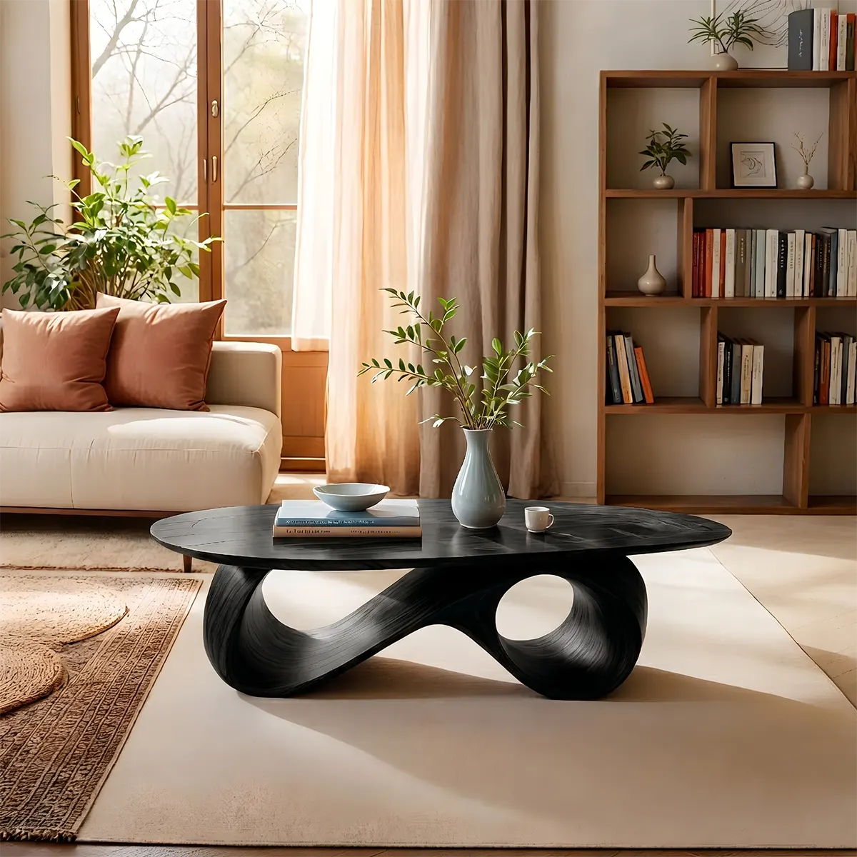 Organic Coffee Table, Sculptural Wood Coffee Table, Modern Oval Living Room Center Table TT006-5012