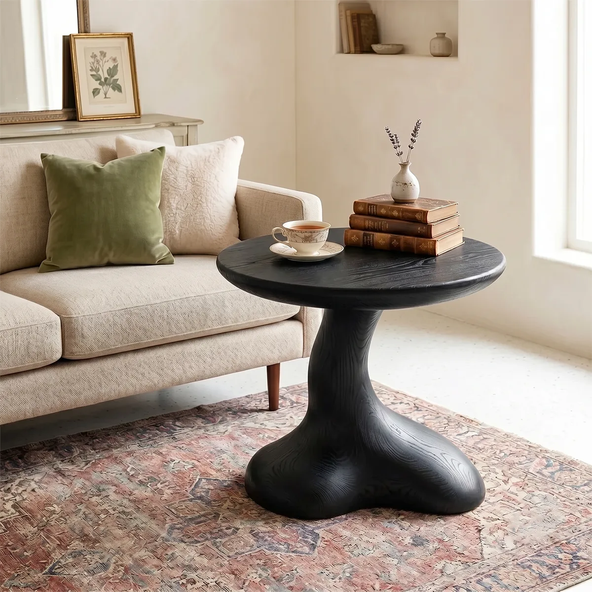 Sculptural Solid Wood Side Table, Round Pedestal End Table TH003-1065