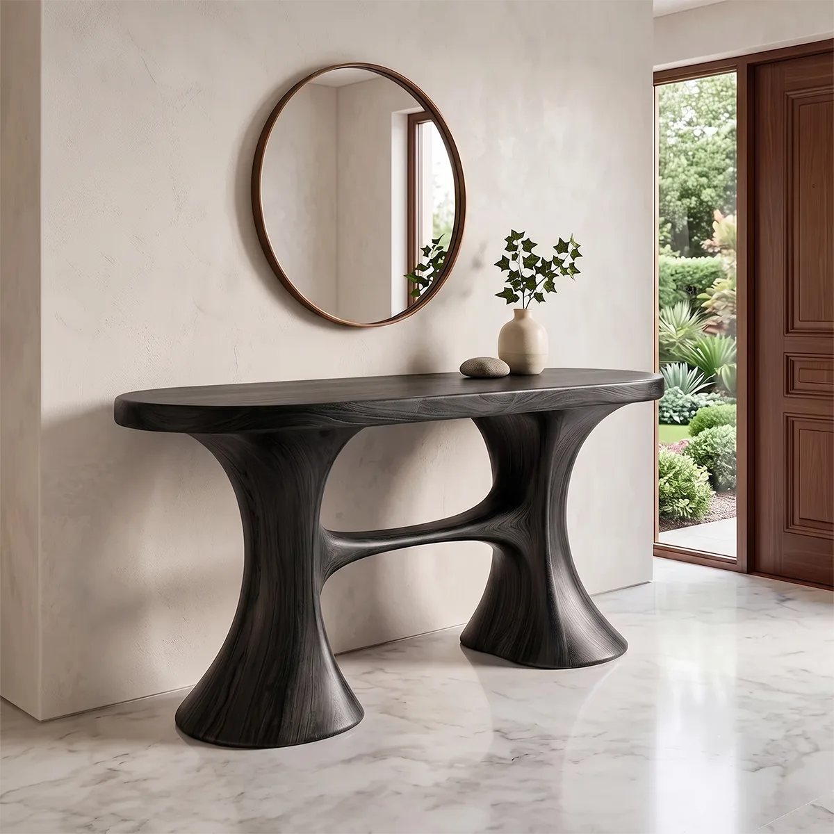 Modern Organic Console Table with Sculptural Double Pedestal Base – Contemporary Entryway Table TH003-1673