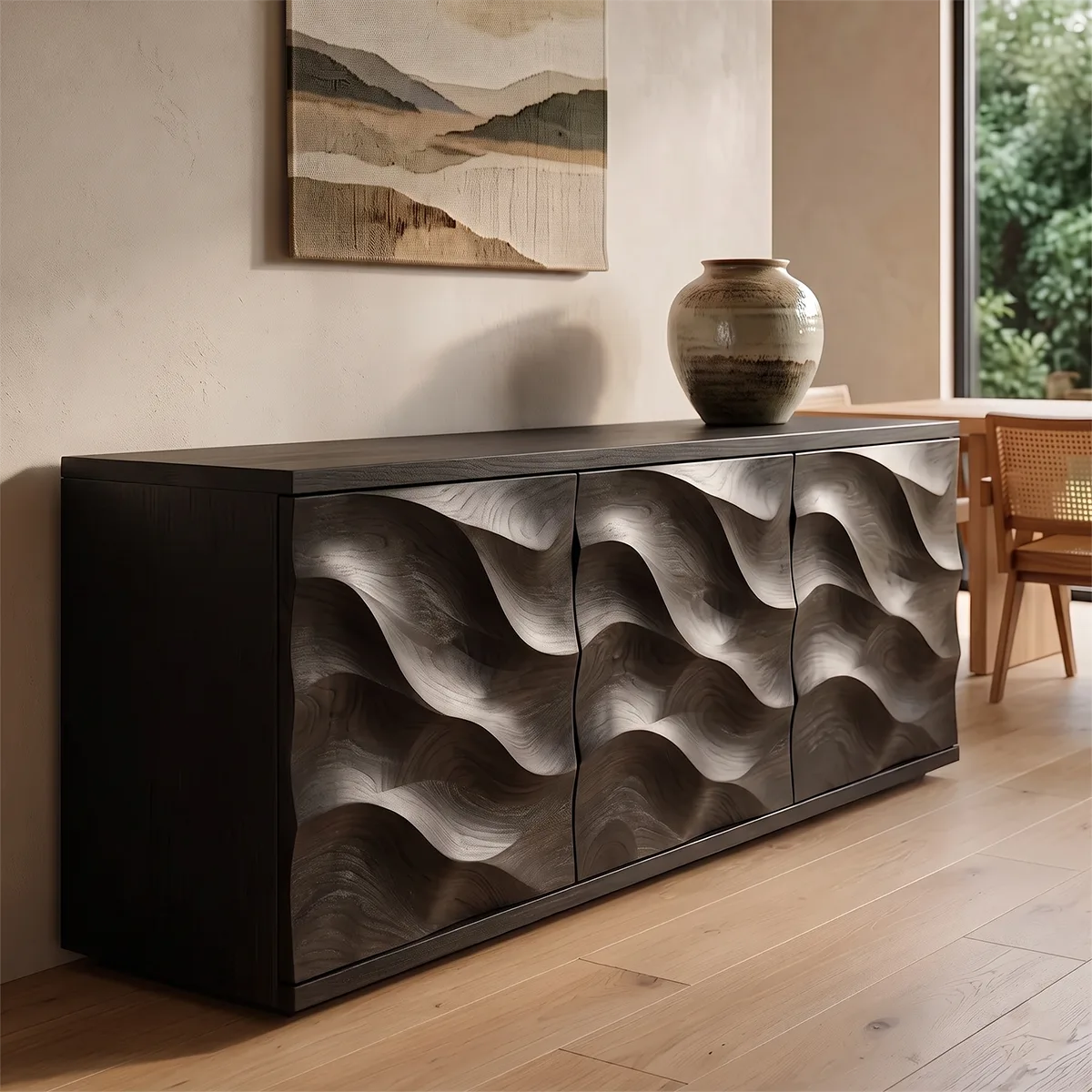 Wave Carved Solid Wood Sideboard | Organic Modern Buffet Cabinet for Dining & Living Room TH003-1993