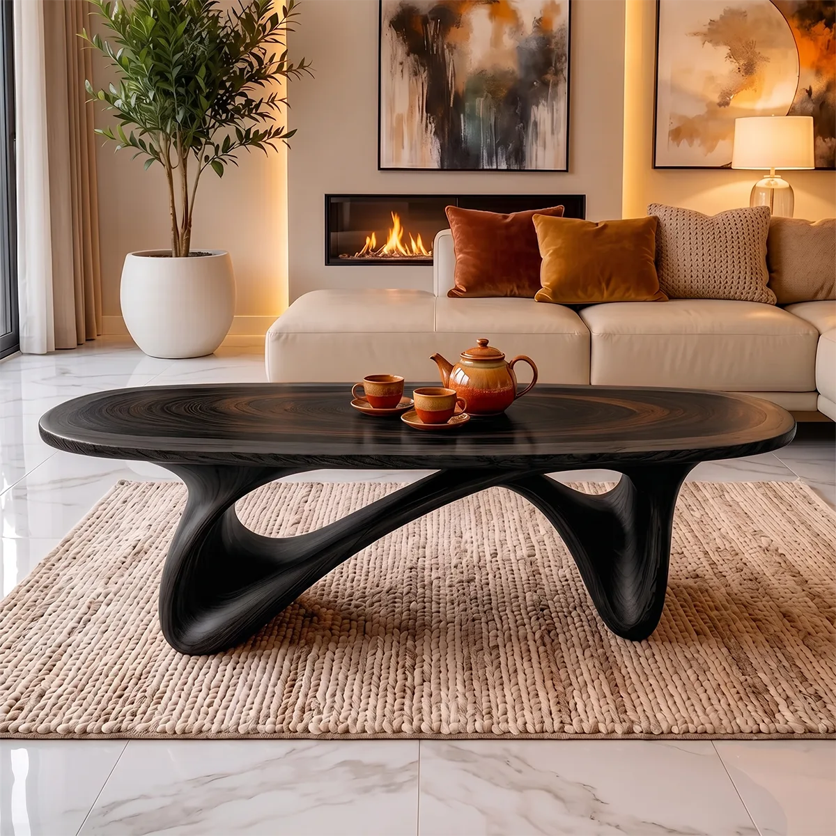 Modern Organic Coffee Table | Sculptural Solid Wood Oval Cocktail Table TH003-9925
