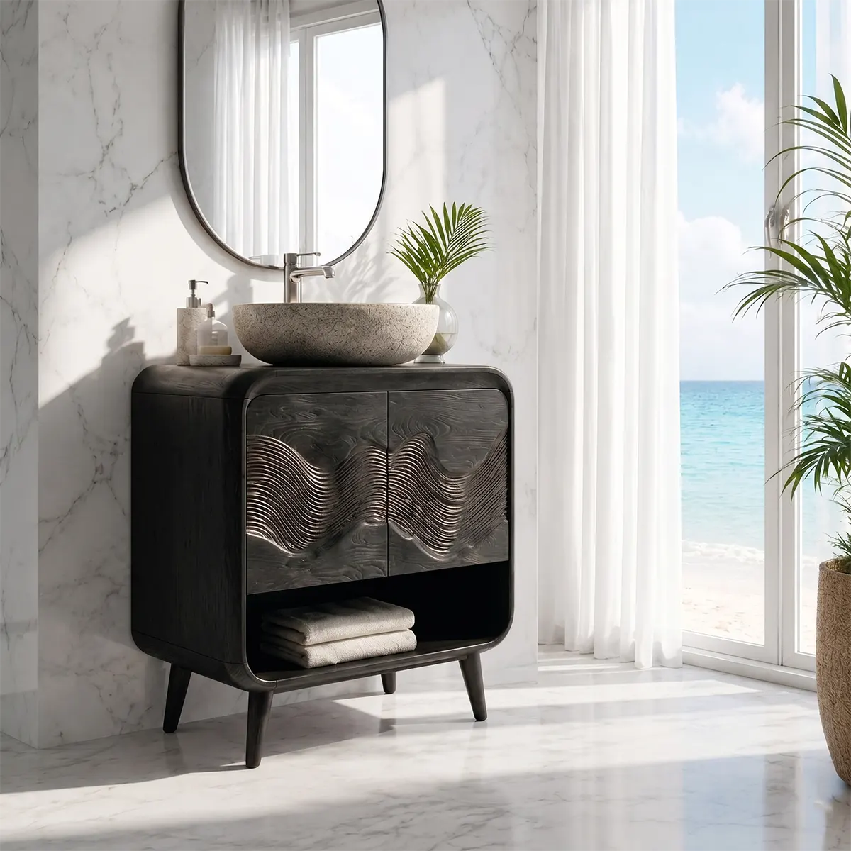 Wave Carved Bathroom Vanity with Open Shelf Storage TT006-1605