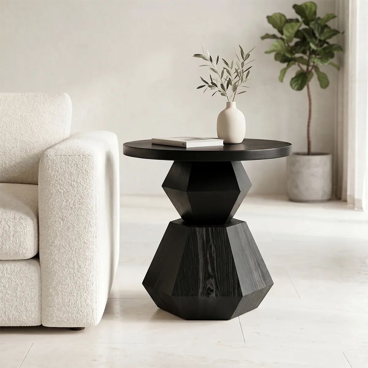 Modern Round Solid Wood End Table | Geometric Pedestal Side Table with Black Top TH003-3706