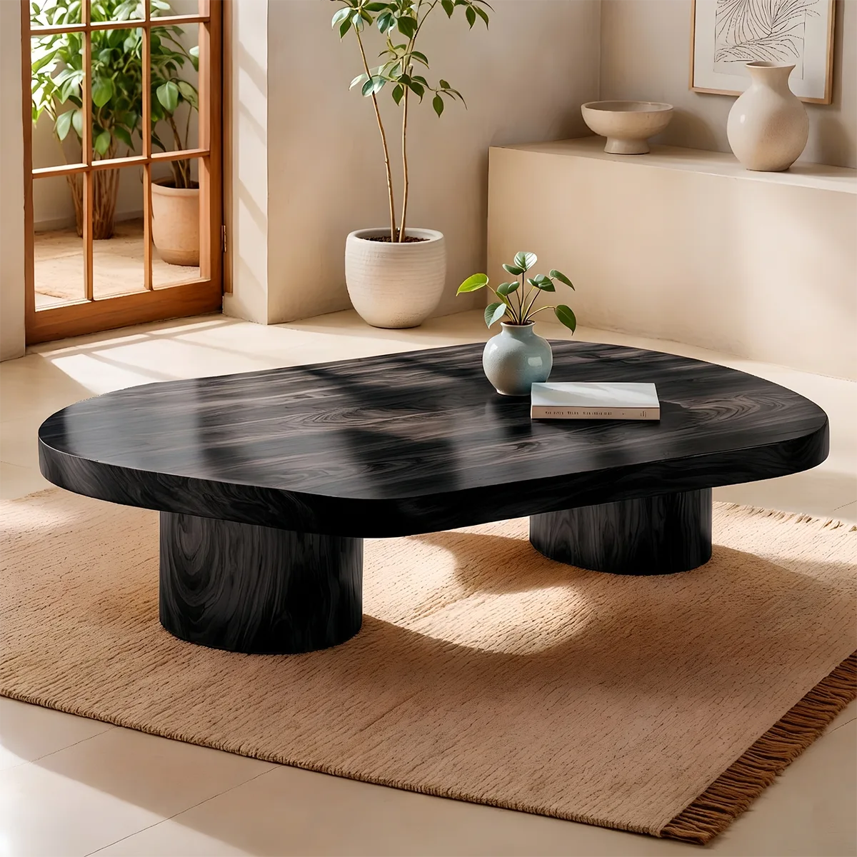Organic Solid Wood Coffee Table | Modern Freeform Hardwood Coffee Table with Dual Pedestal Base TT006-7752