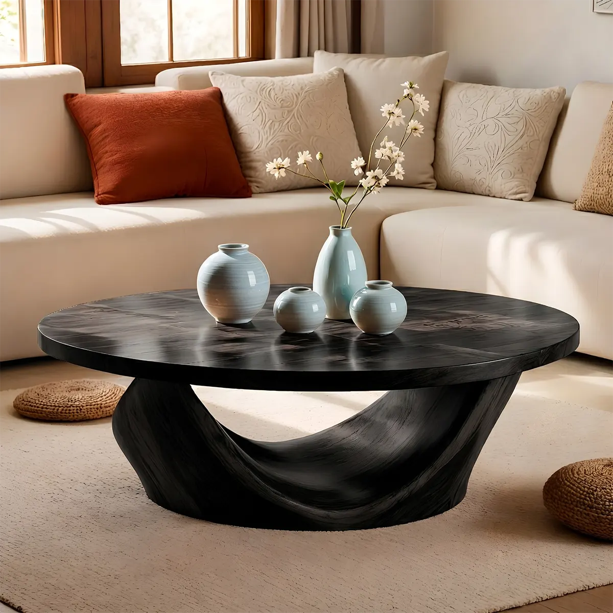 Round Coffee Table, Sculptural Wood Coffee Table, Organic Modern Living Room Center Table TT006-4209