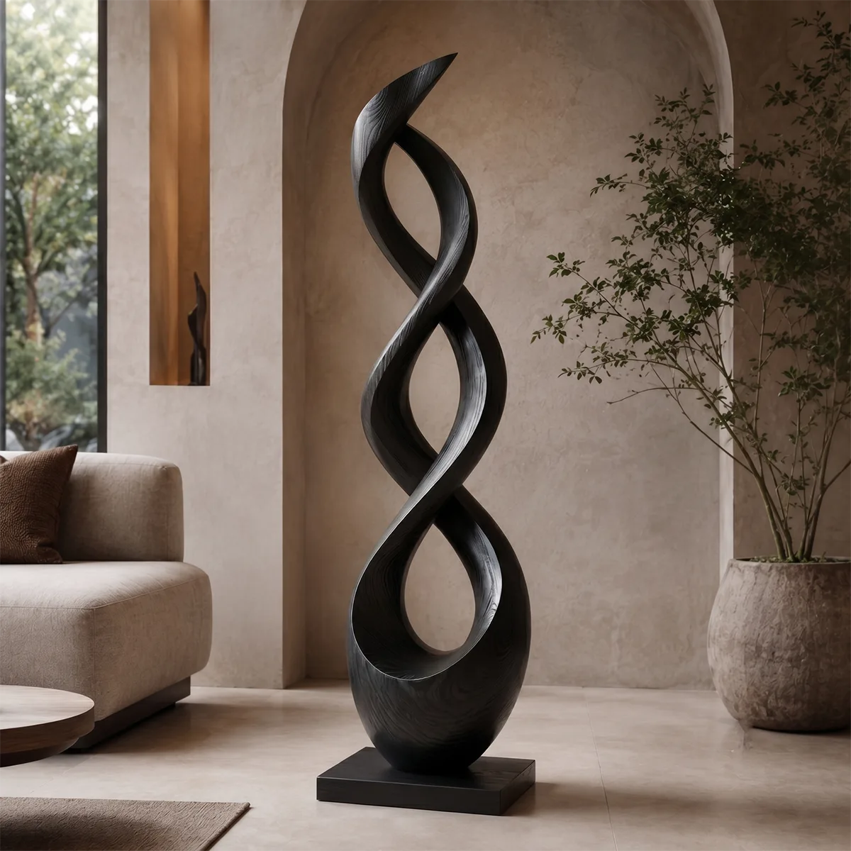 Handcrafted Solid Wood Double Helix Sculpture – Modern Organic Floor Art for Living Room TT006-9620