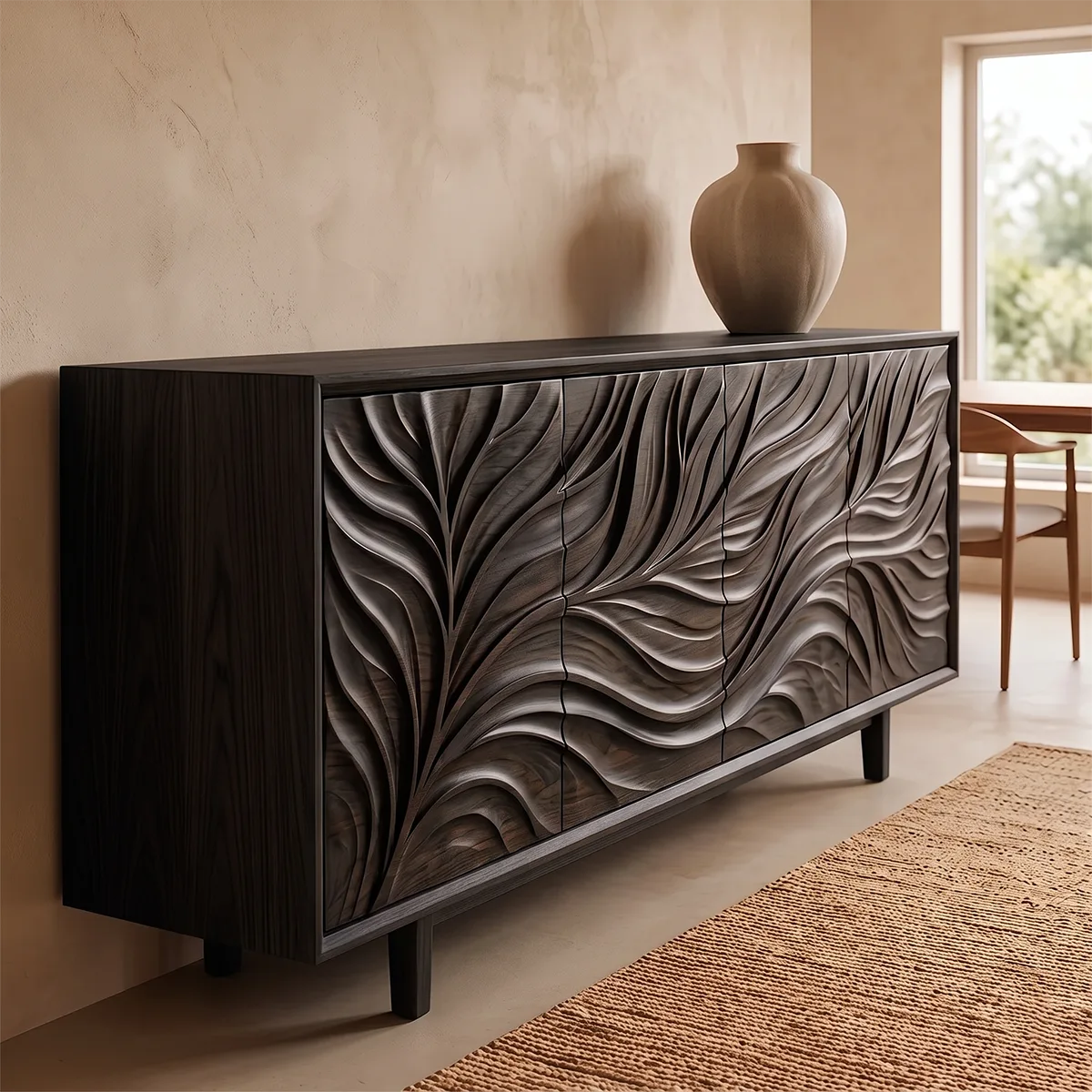 Leaf Carved Solid Wood Sideboard | Organic Modern Buffet Cabinet for Dining & Living Room TH003-7107