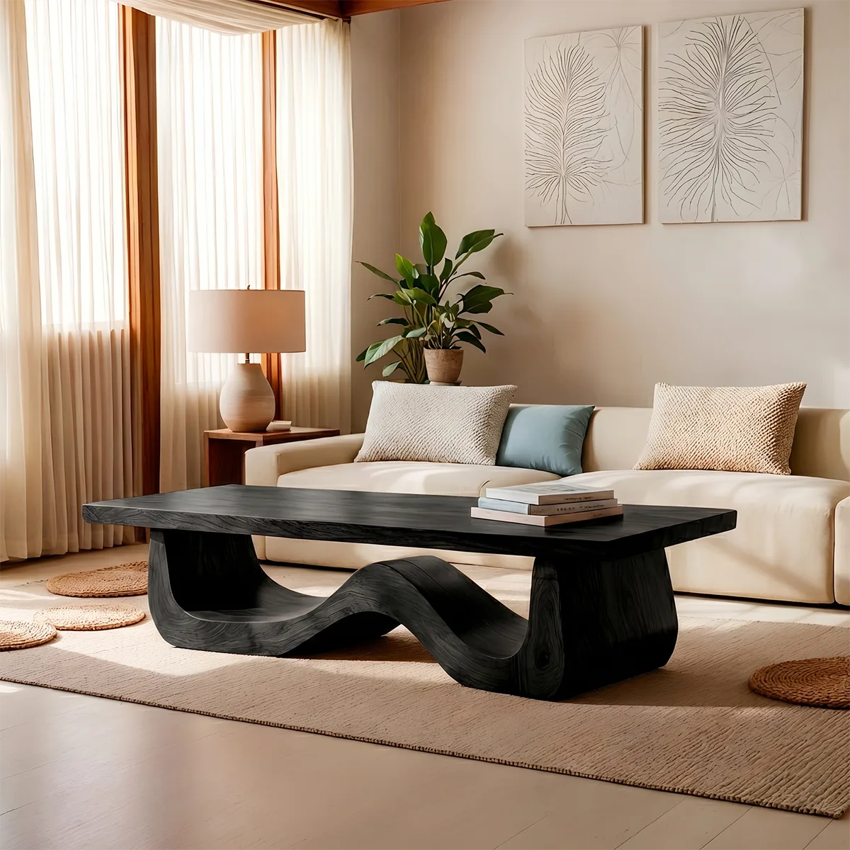 Sculptural Solid Wood Coffee Table – Handcrafted Modern Wave Base Table