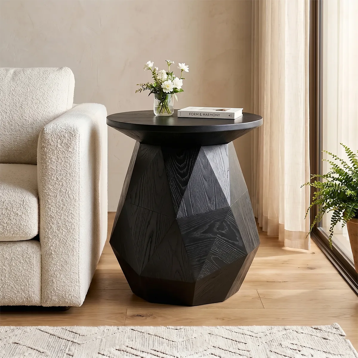 Modern Round Solid Wood End Table | Geometric Pedestal Side Table with Black Top TH003-4421