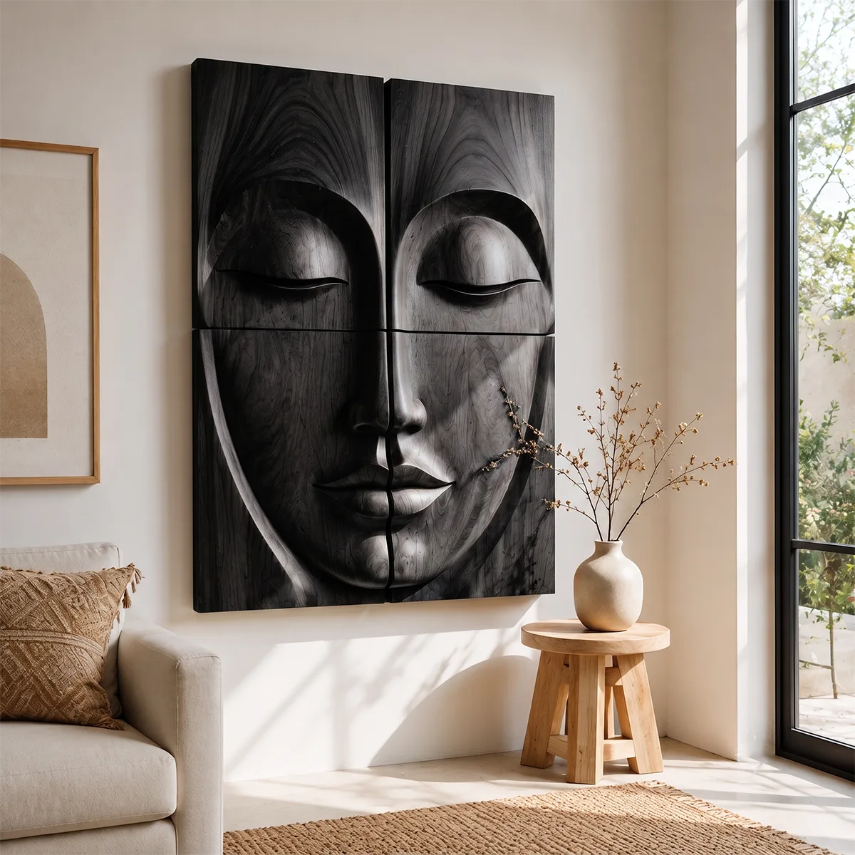 Zen Wooden Buddha Face Wall Art | Large 4 Panel Wood Wall Sculpture TT006-7173