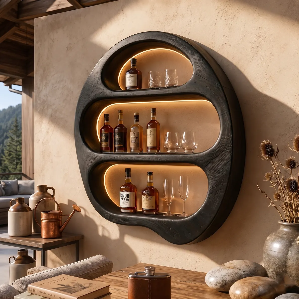 Sculptural Solid Wood Wall Wine Holder for Home Bars, Dining Rooms TT006-9525